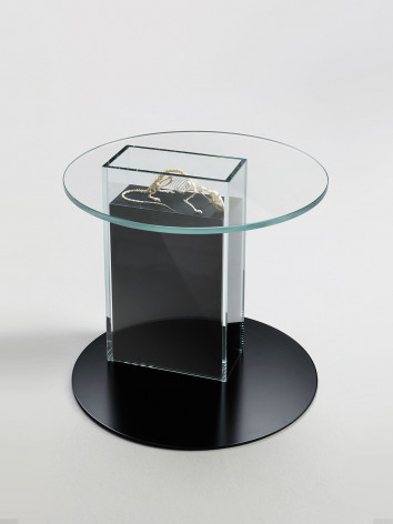 Glass coffee table containing a mouse skeleton