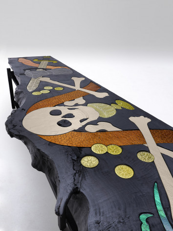 Eclectic contemporary bench made of burnt wood and engraved mirror